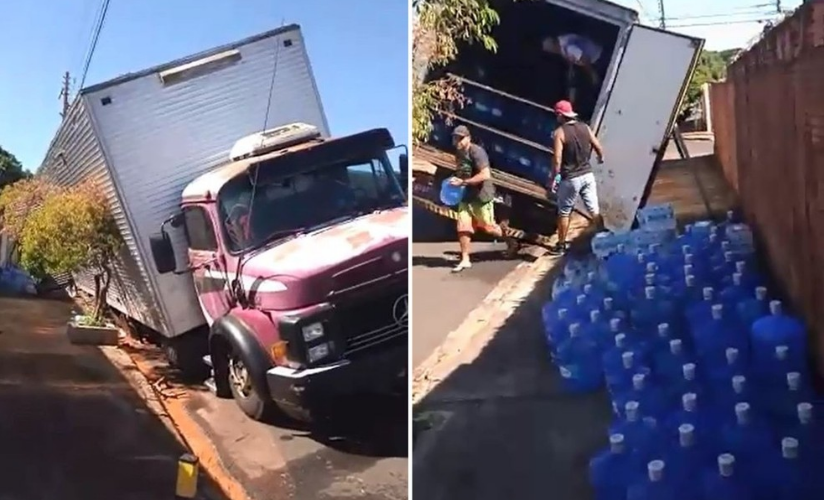 Caminhão carregado com galões de água cai em buraco no asfalto em Marília